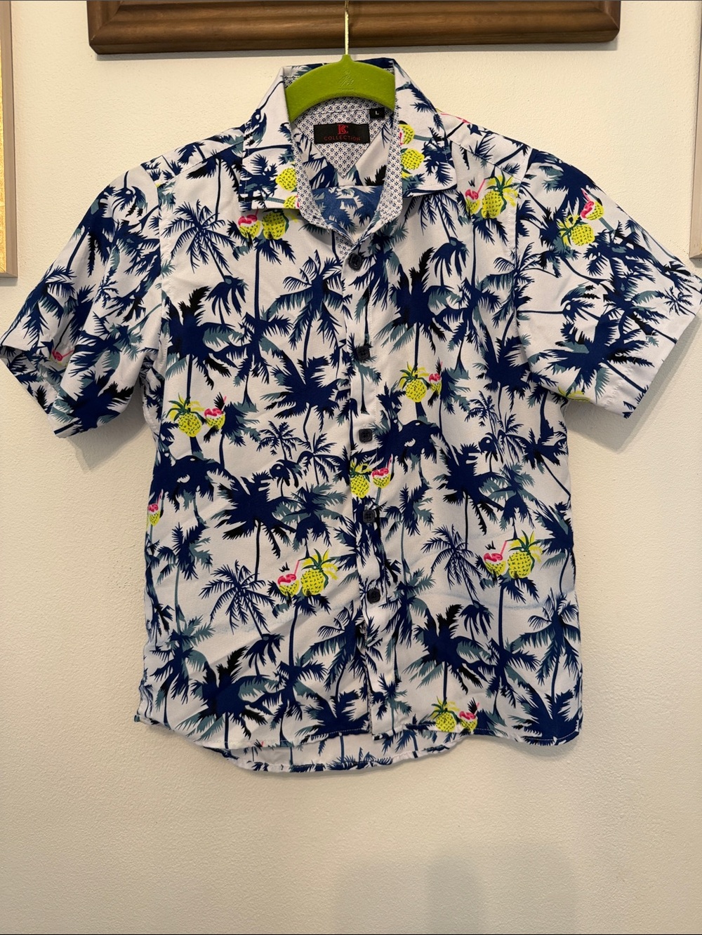 Youth Short-Sleeve Tropical Print Shirt in White and Navy